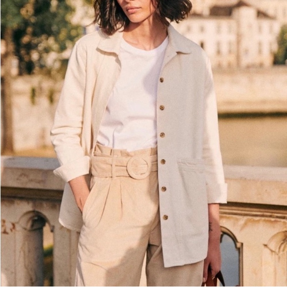 Sezane Womens Small Will Denim Chore Ivory Cream Jacket